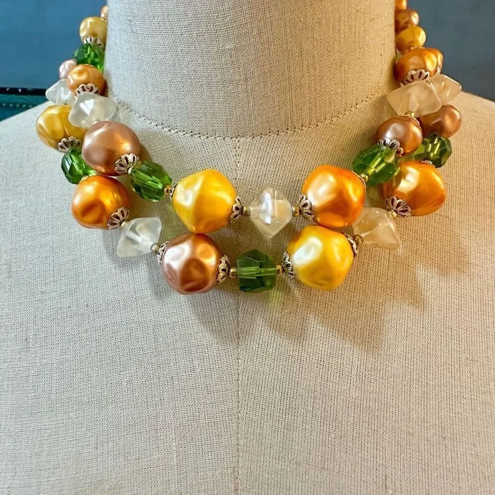 Vintage orange green beaded double stranded necklace